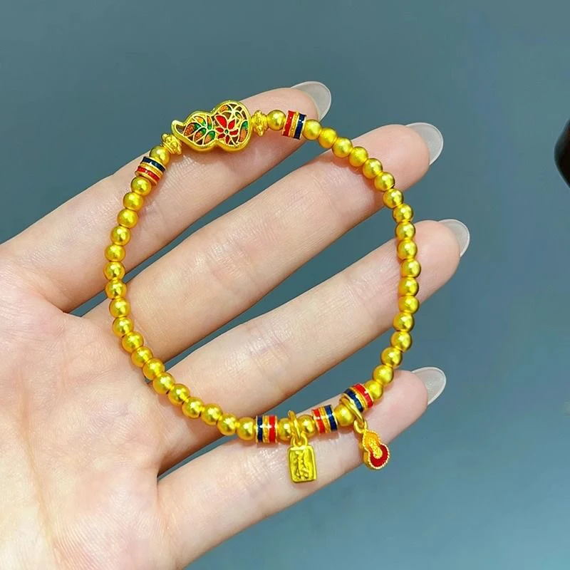 铜合金手链 新中式古法烧蓝珐琅彩莲花葫芦珠珠转运