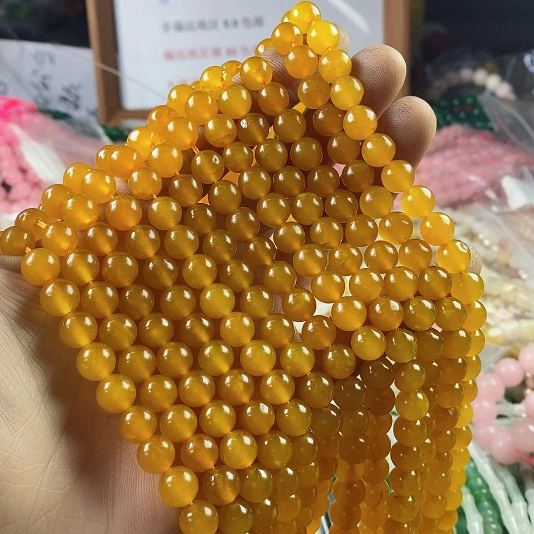 玛瑙/玉髓珠宝半成品合金一条天然8mm黄玉圆珠A241