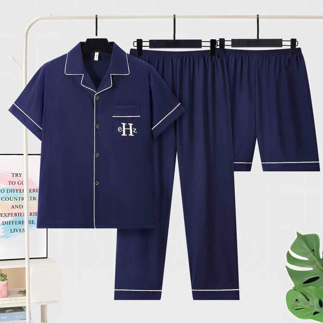 男士睡衣夏季三件套短袖薄款加大码加肥家居服爸爸春秋休闲套装