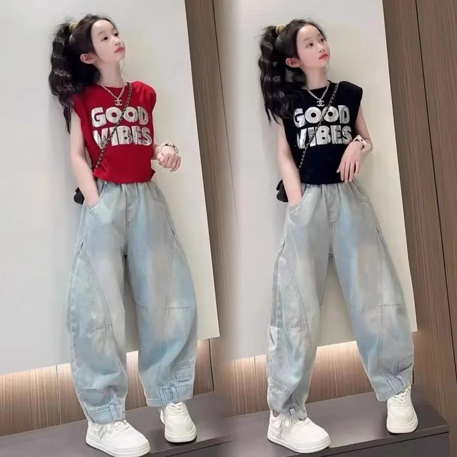 女童时尚亮片字母T恤2025夏季套装新款网红韩版儿童牛仔裤两件套