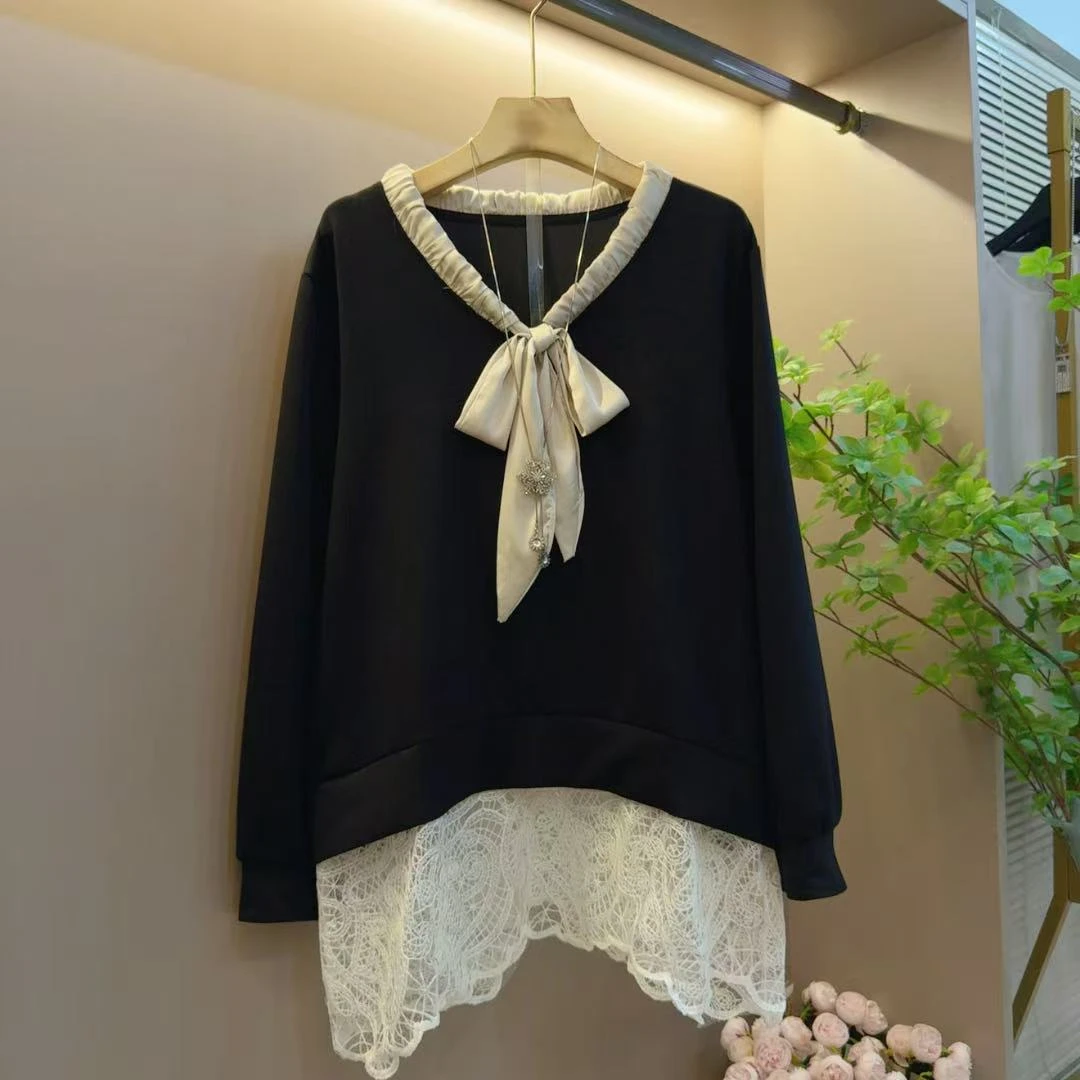 韩版显瘦时尚拼接宽松丝带设计假两件显瘦上衣（长73左右）