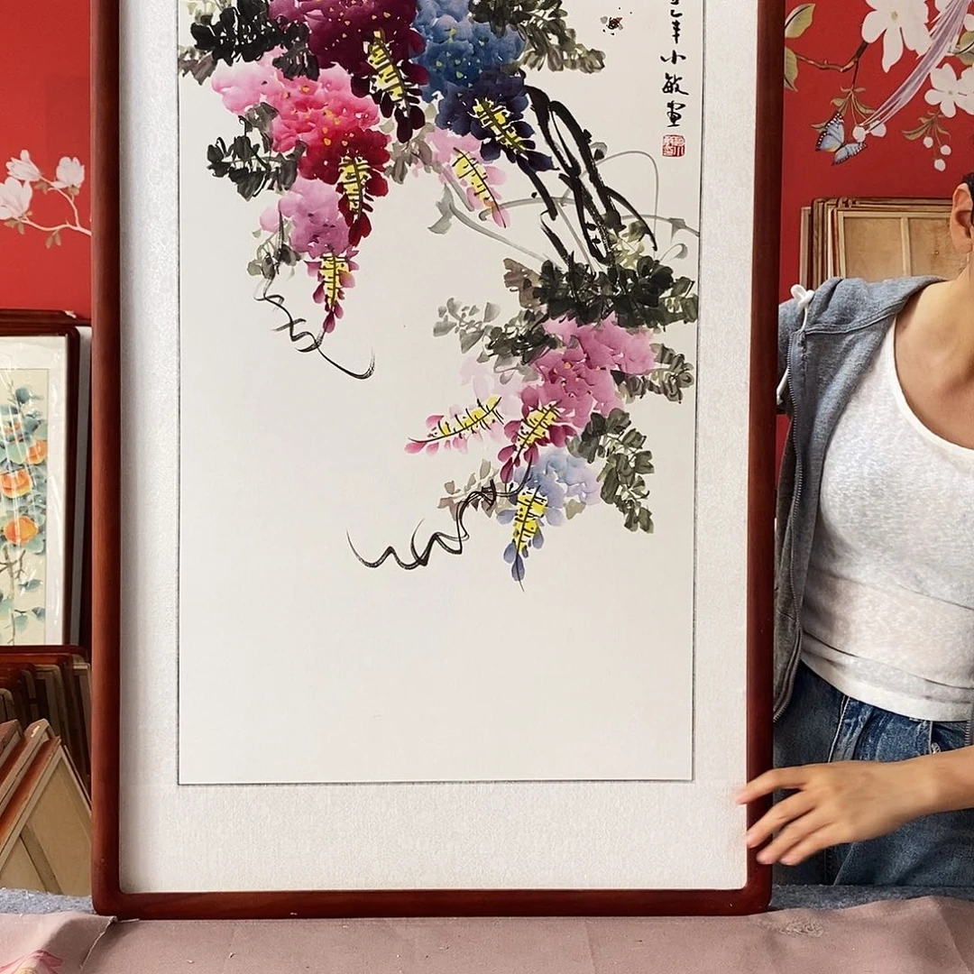 国画手写手绘带框包邮62✖️122