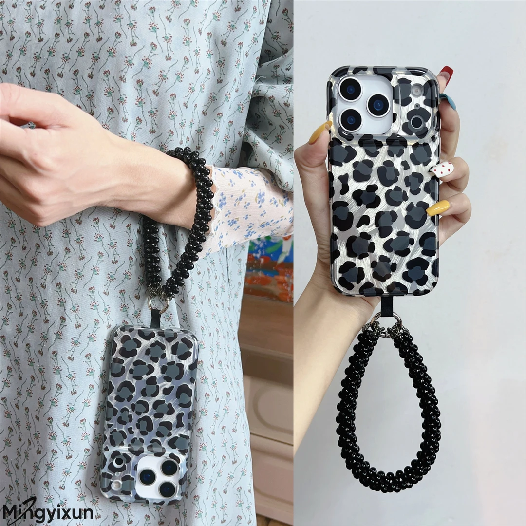 韩系羽纱小豹纹适用苹果17ProMax手拎iphone16pro手机壳15/14女款