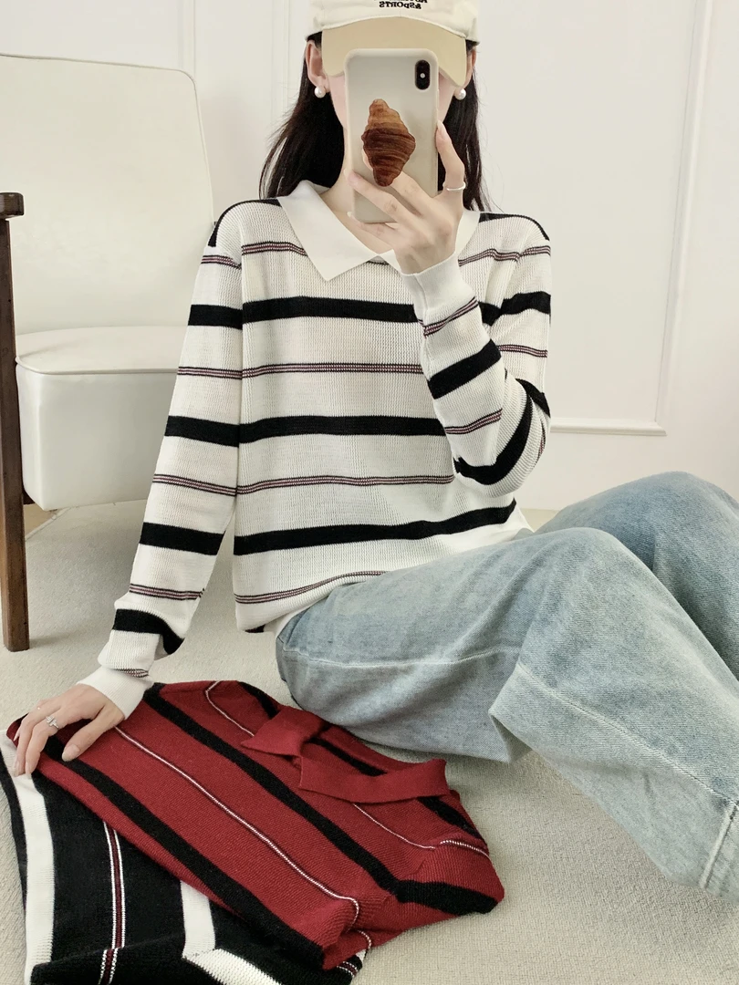 早秋新款时尚百搭经典条纹撞色娃娃领气质显瘦套头针织打底衫上衣