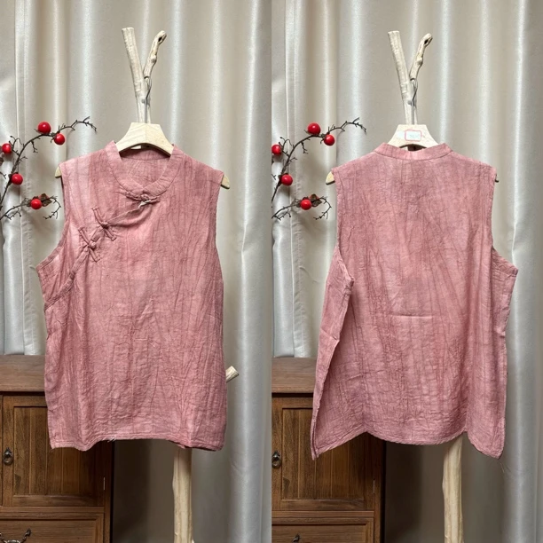5006褶皱苎麻斜襟盘扣背心小衫（胸围118，衣长62-64）