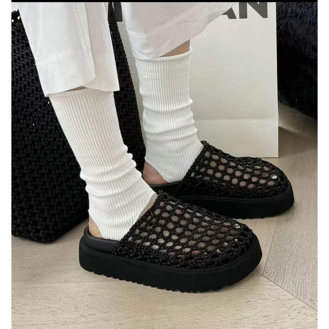 欧货女鞋2025夏新款轻便厚底度假沙滩鞋编织镂空透气包头拖鞋凉拖