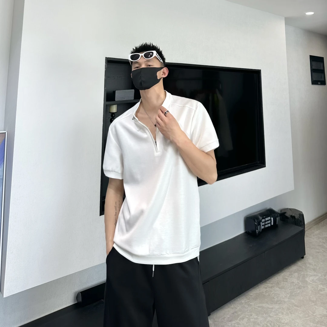 时尚麻面料半拉链垫肩短袖男款铆钉正肩半袖体恤cleanfit重磅T恤