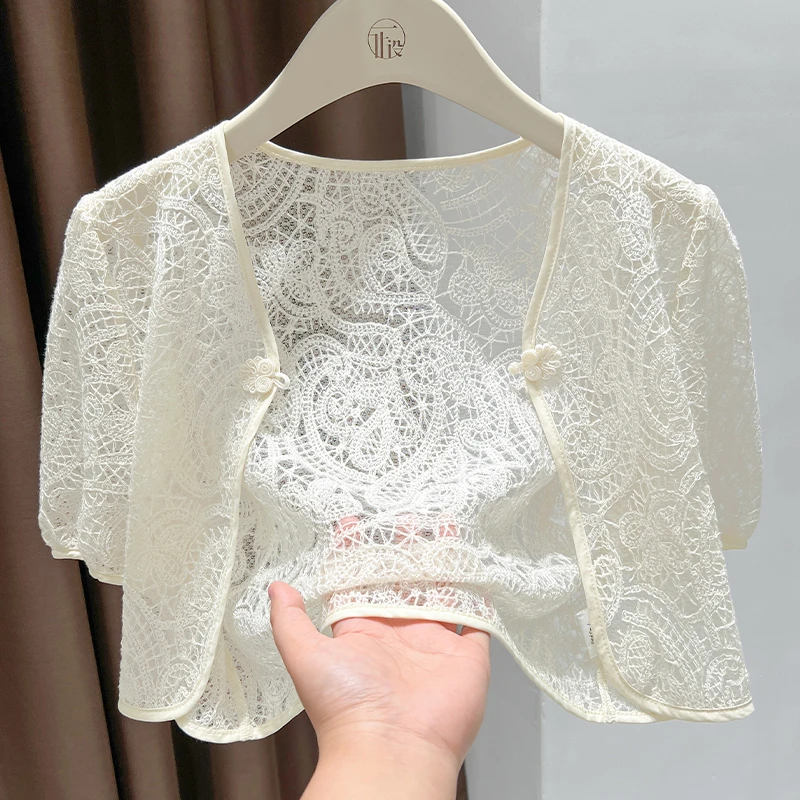 杏色V领透视网纱短袖开衫夏季新款高级感蕾丝短外套薄款防晒罩衫