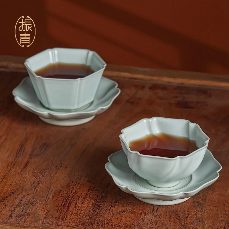 汝窑六方杯主人杯对杯高档送长辈茶具带碟陶瓷景德镇仿古茶杯礼品