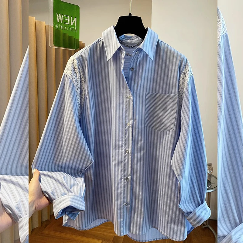 韩系蕾丝拼接条纹衬衫上衣女装早春新款高级感小众别致衬衣百搭潮