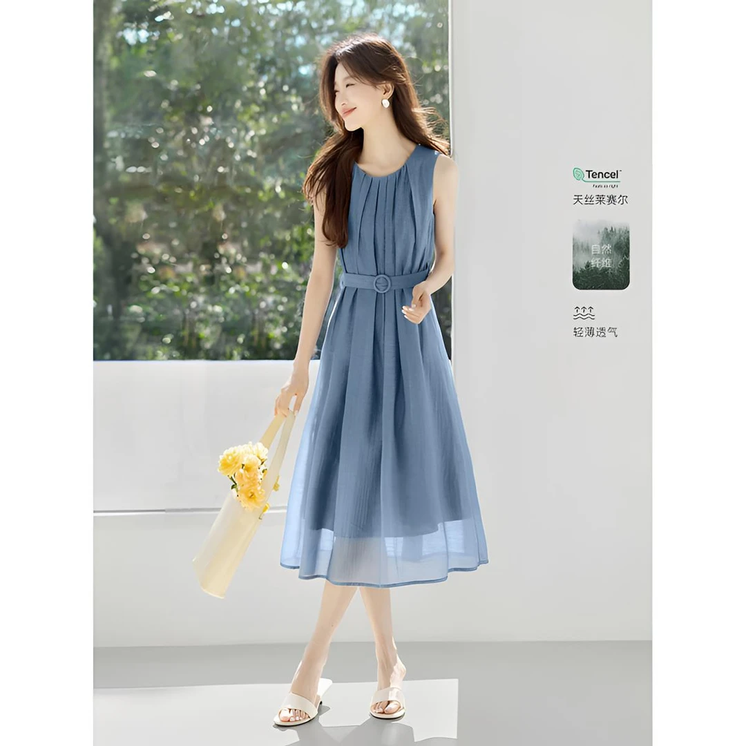 高级感气场系带收腰显瘦连衣裙新款气质中长款韩版圆领A字裙子夏