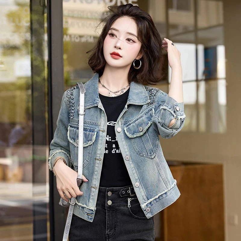 2025设计感小众钉珠毛边长袖牛仔短外春秋季洋气百搭时尚女士上衣