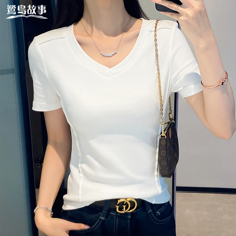 鹭岛故事白色V领鱼骨短袖t恤女春夏修身设计感打底衫内搭显瘦上衣