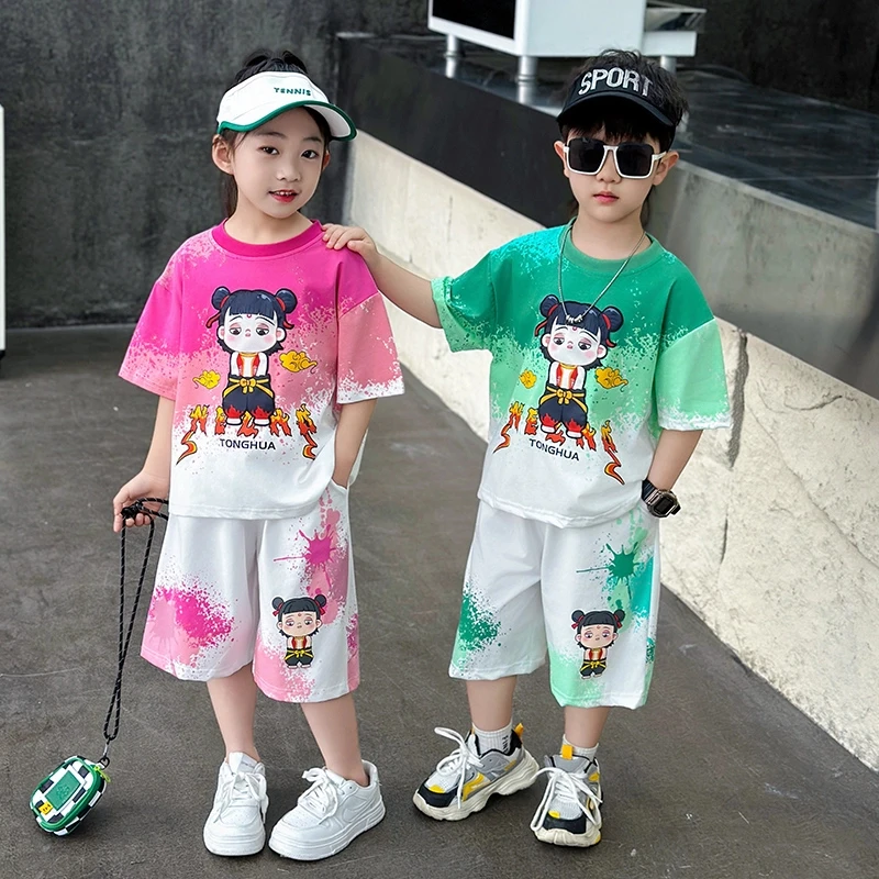哪吒套装2025夏季新款男女童棉质套装宝宝时尚扎染酷帅套装