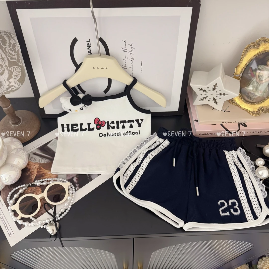 女童2025夏季百搭卡通吊带背心蕾丝花边短裤套装C23281
