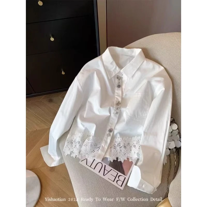 法式蕾丝下摆Polo领白衬衫女春季款内搭长袖打底开衫别致绝美上衣