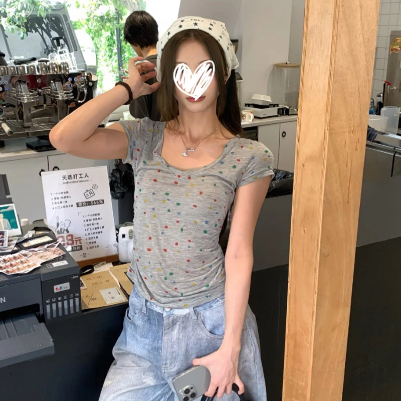 夏季韩系高级设计感领正肩短袖恤收腰修身显瘦辣妹百搭上衣