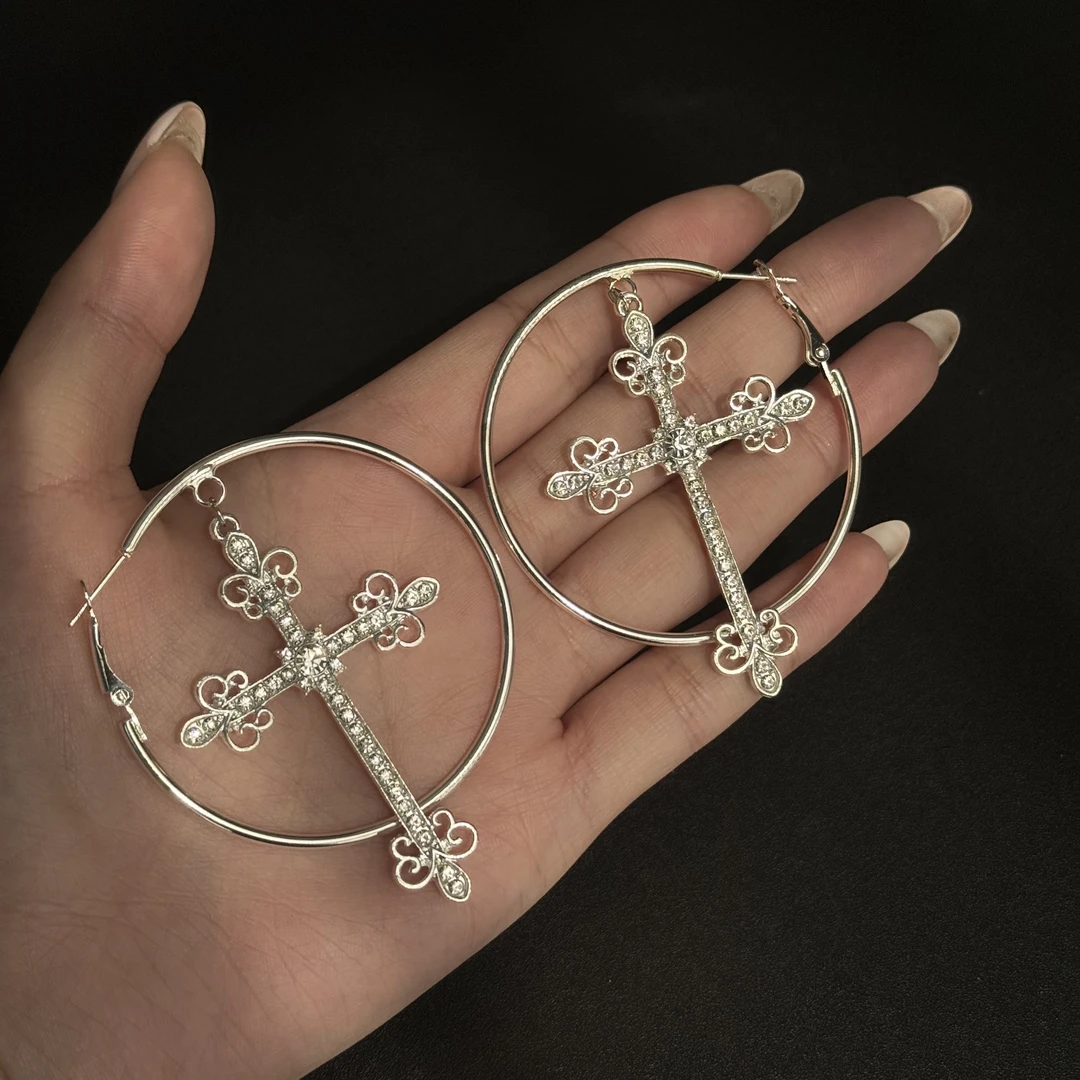 铜合金锆石耳饰 十字架镶钻圆圈耳环冷淡风夸张朋克辣妹简约耳钉