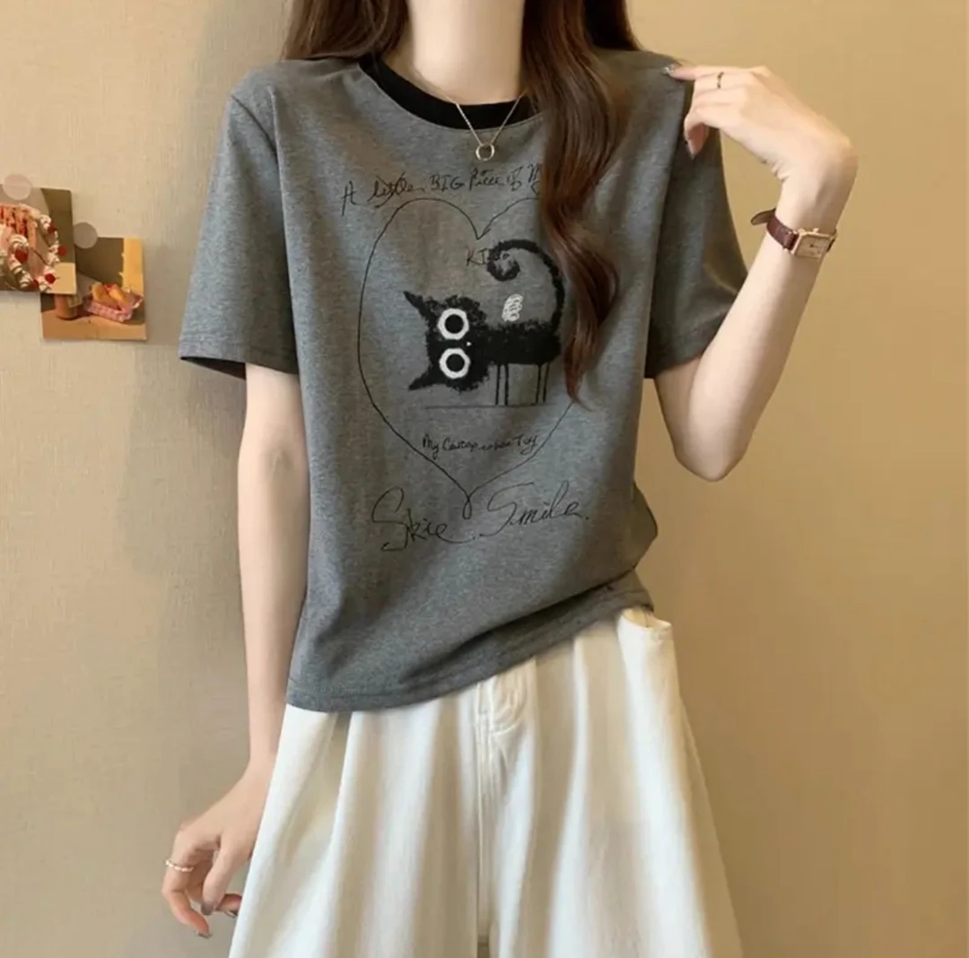 夏季新款大码女装正肩撞色设计减龄遮肉显瘦宽松休闲百搭洋气短袖