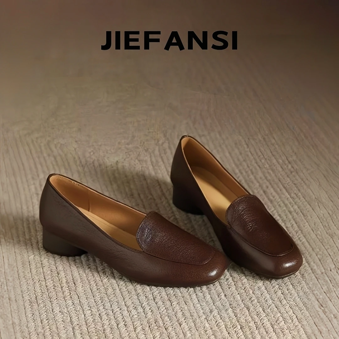 巨柔软~ 法式圆头低跟一脚蹬单鞋女2025春秋中口粗跟软真皮乐福鞋