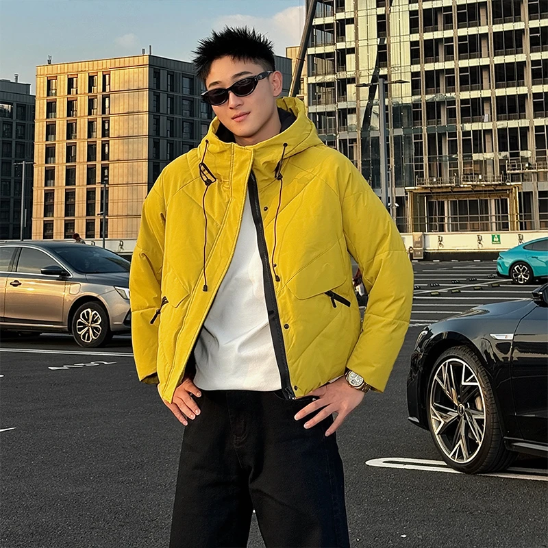 设计感柠檬黄连帽男士棉衣冬季短款痞帅时尚棉服加厚男装保暖外套