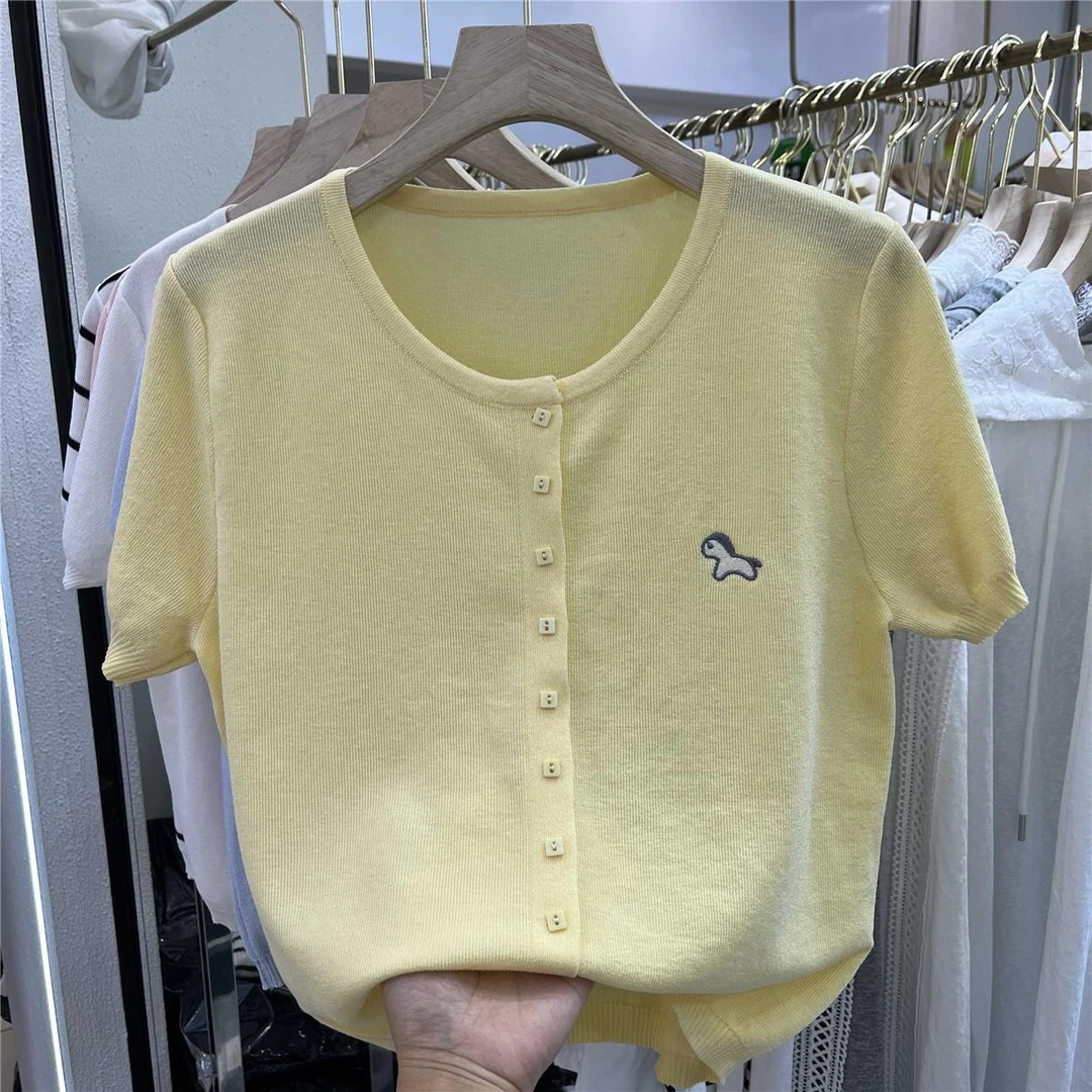 2025夏季新款圆领冰丝针织开衫短袖T恤女大码宽松百搭打底衫上衣