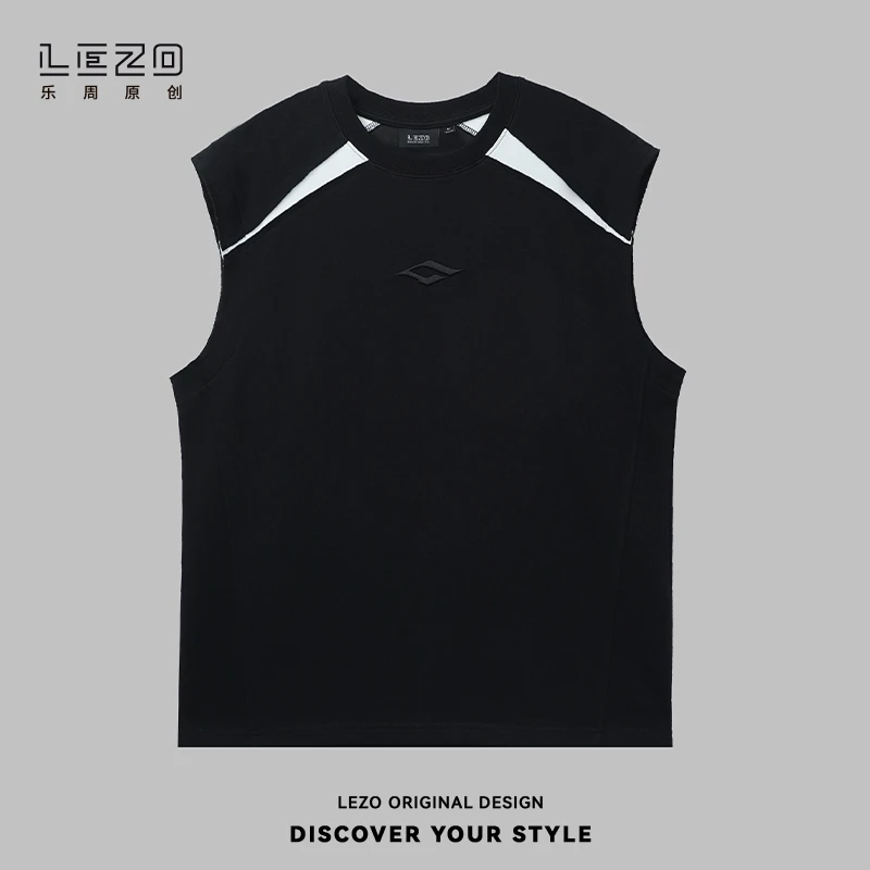 LEZO乐周原创 夏季男宽松国潮背心无袖圆领T基础版 925201485黑色