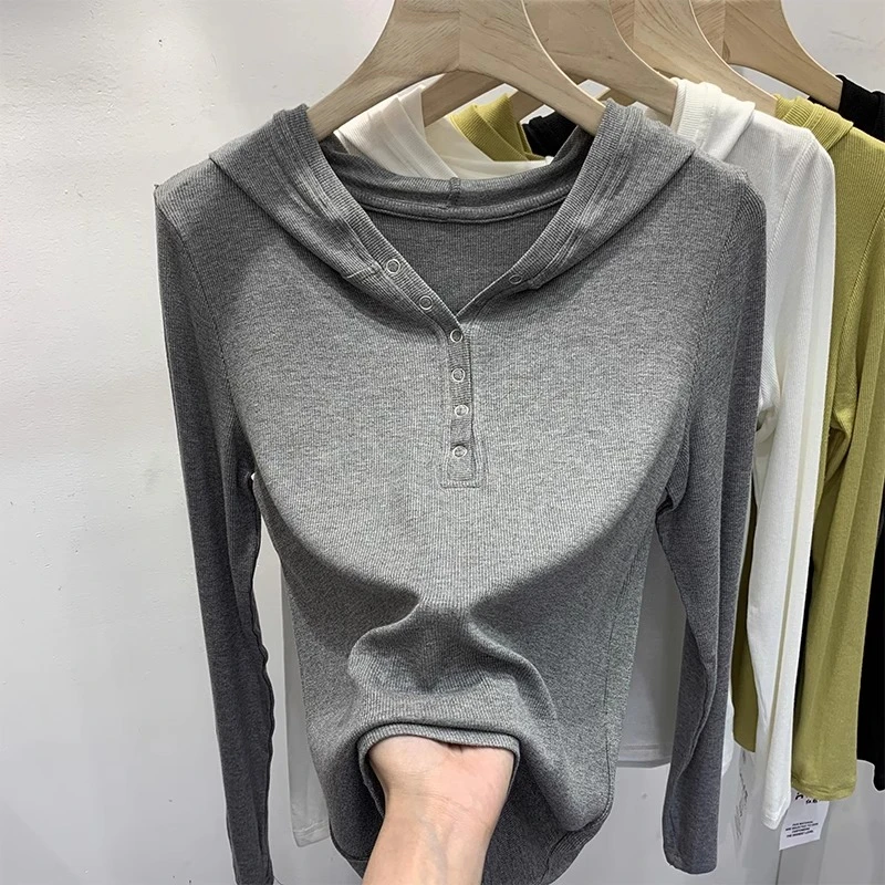 欧货打底衫内搭上衣女春秋2024新款韩系设计感上衣纯色连帽体恤潮