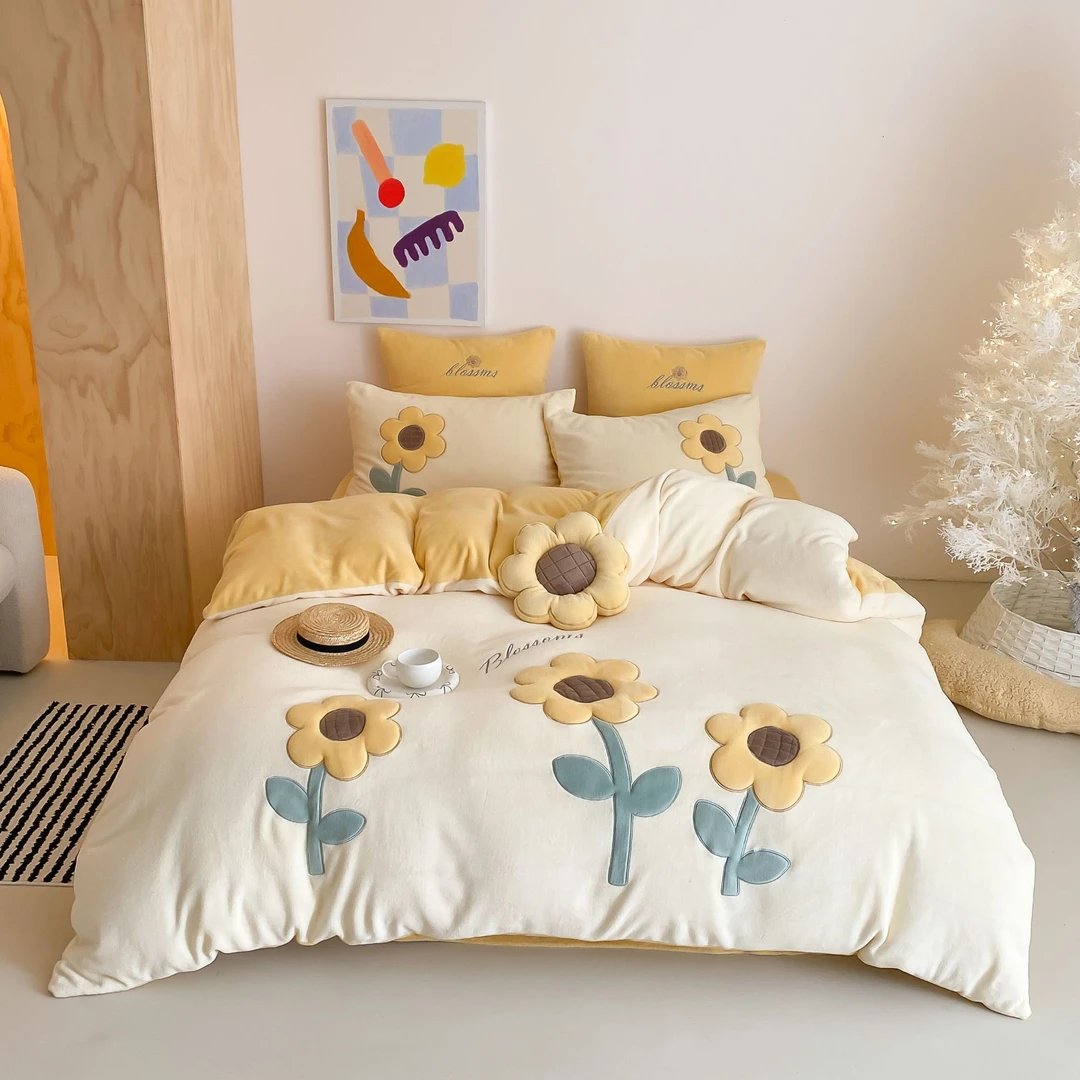 左柚家丨向日葵  小清新黄色少女心加绒刺绣四件套冬季保暖床品