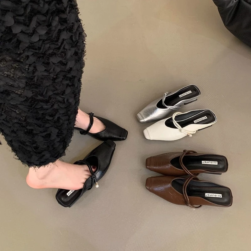 设计感银色尖头玛丽珍半拖鞋女2025年夏季新款韩版法式包头凉拖鞋