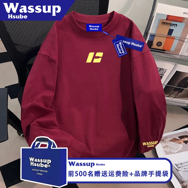 WASSUP HSUBE国潮牌秋酒红上衣创意字母印花T恤ins男女100%棉长袖