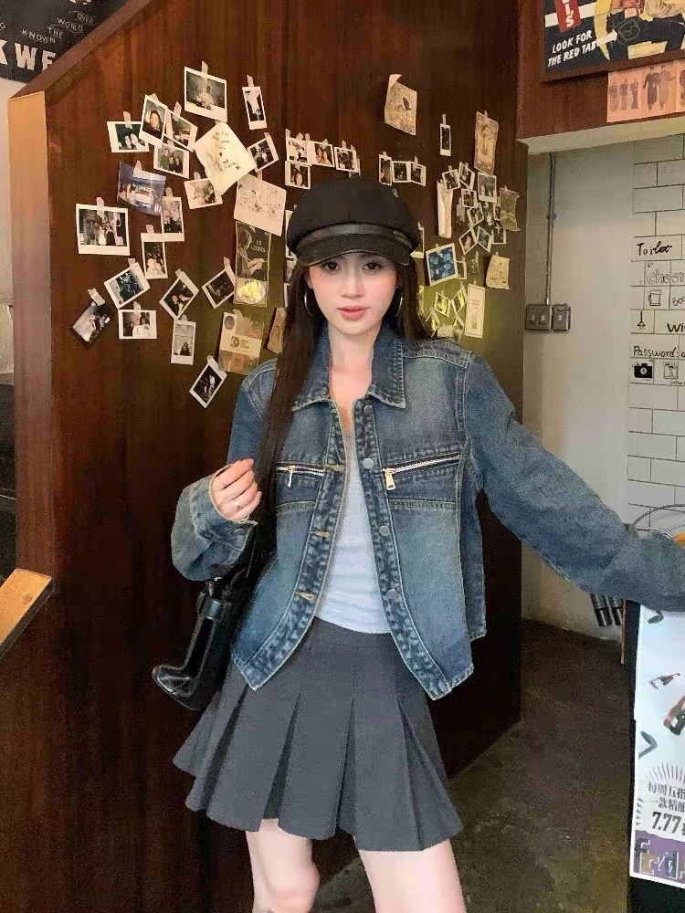 做旧复古拉链口袋翻领牛仔短外套女春秋新款宽松设计感夹克衫上衣