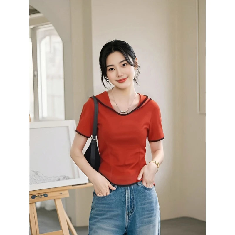 连帽短袖t恤女2025年夏季新款修身显瘦帽衫百搭辣妹短款上衣1070