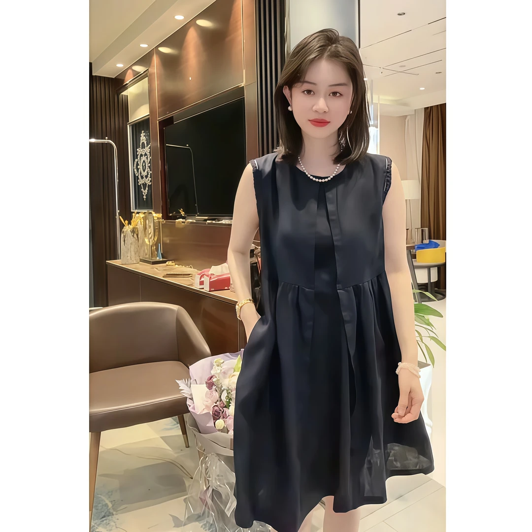 中长裙夏季法式百搭大领口领裙子女无袖休闲拼接纯色宽松腰连衣裙