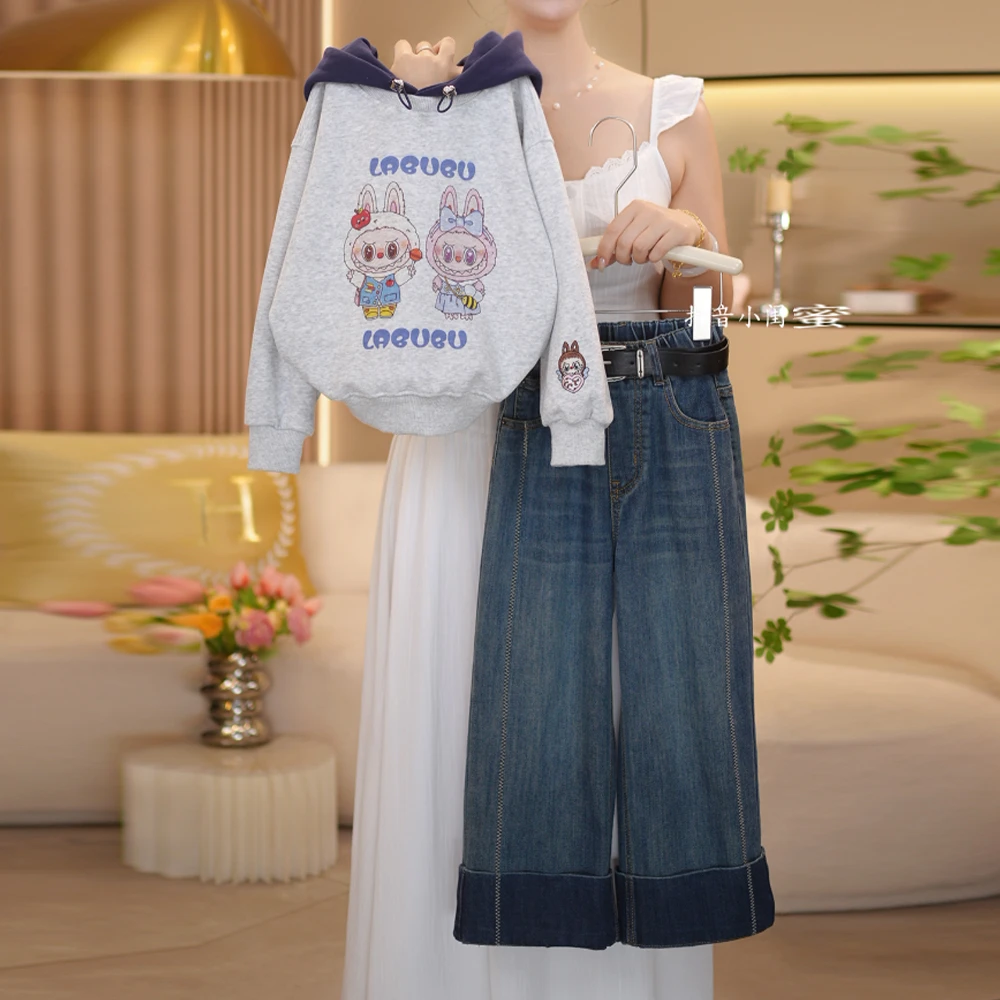 【闺蜜家】女童秋季2025新款时尚韩系卡通连帽卫衣+牛仔裤套装-8682
