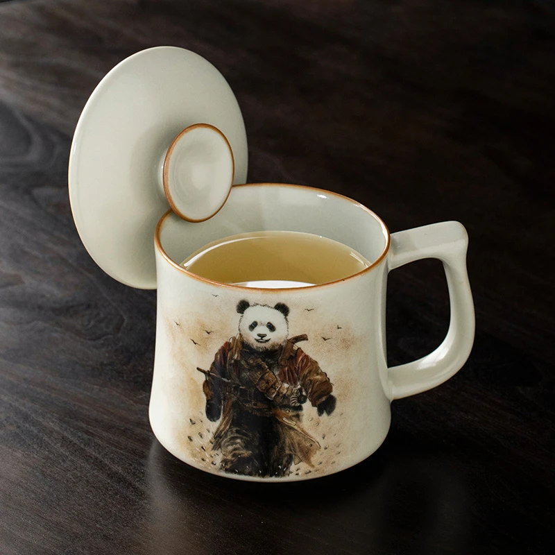 汝窑创意战斗熊猫办公杯家用泡茶杯个人专用水杯马克杯喝茶杯子
