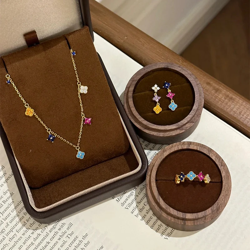 坠链均925银 S925纯银彩色四叶花项链女多巴胺四叶草戒指轻奢小众