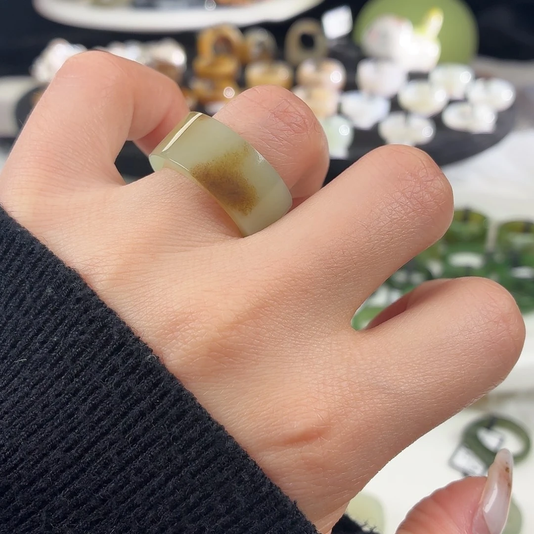 和田玉未镶嵌戒指S58飘糖直切17.1