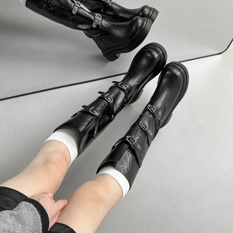 复古圆头皮带扣显瘦高筒骑士靴2025秋冬新款厚底粗跟新款长筒靴