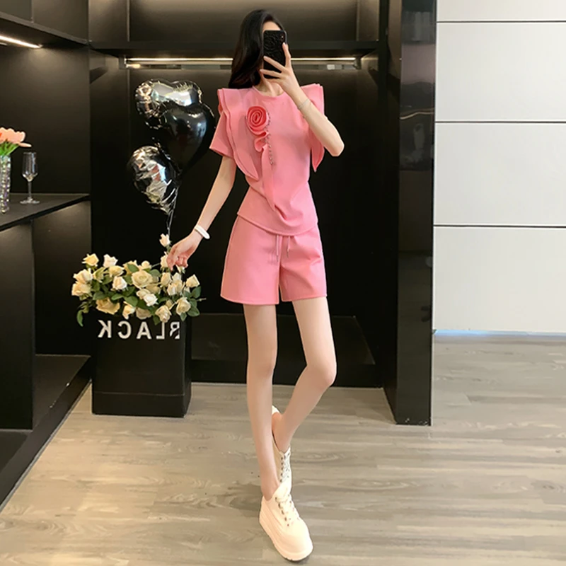 韩系时尚休闲套装女夏新款气质款圆领粉色立体花朵短袖短裤两件套
