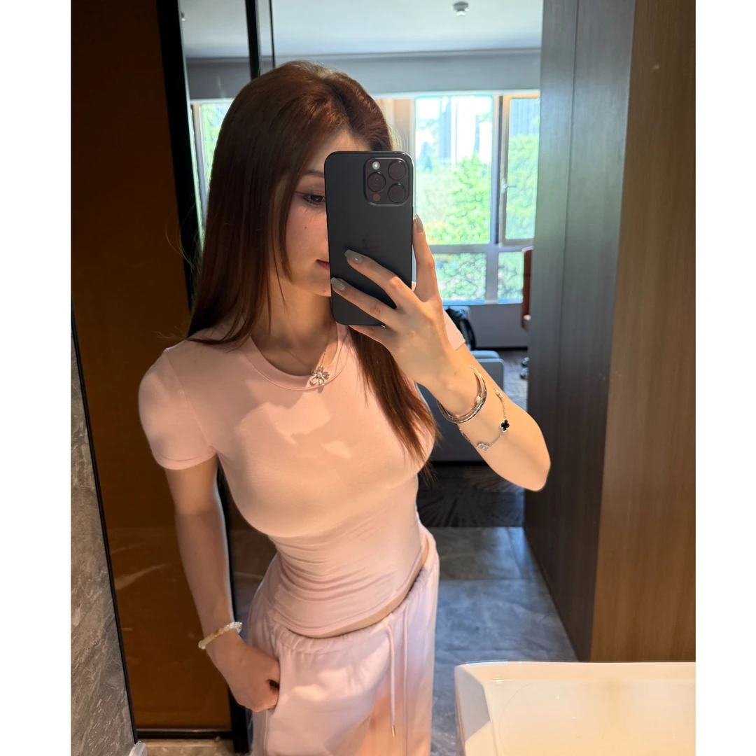 经典skim* 辣妹圆领短袖纸片人t恤夏新款显瘦修身百搭弹力上衣女