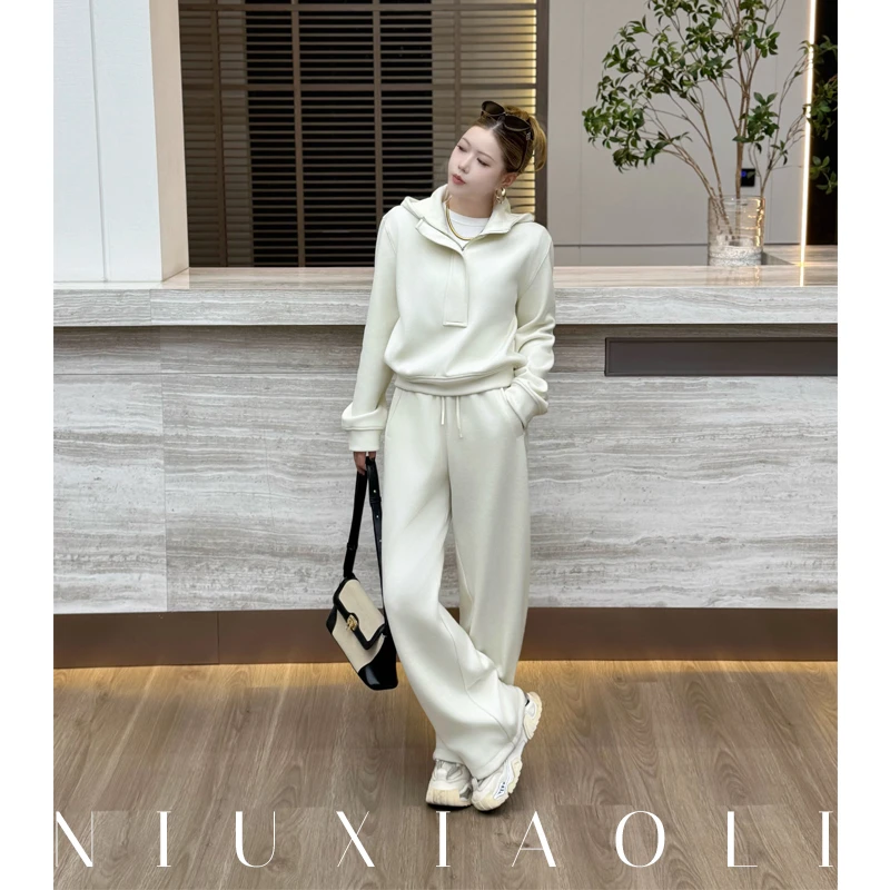 牛小力， 两件套 加绒连帽拉链立领卫衣+阔腿直筒长裤休闲2025冬季