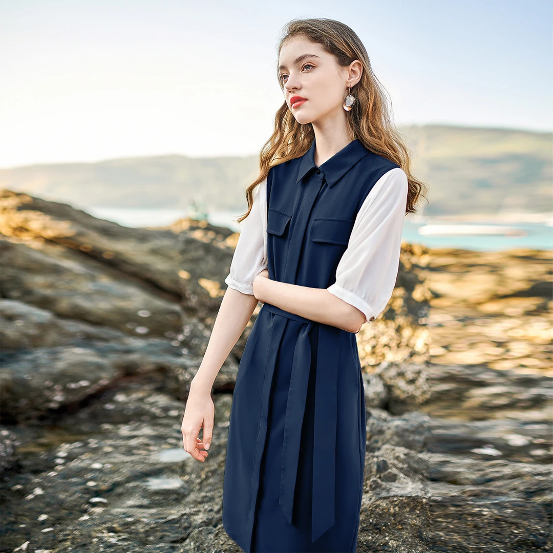 MEETLADY翻领拼接假两件连衣裙女夏装新高腰系带显瘦裙