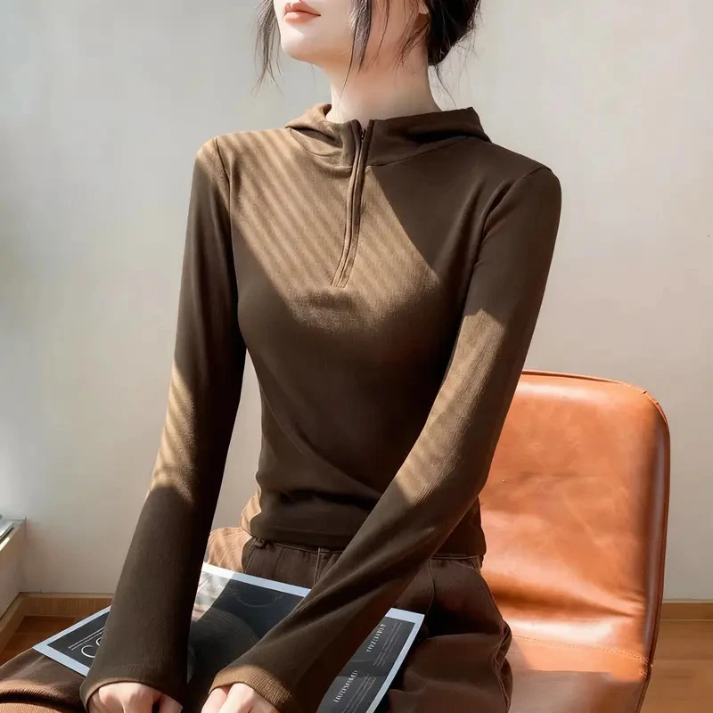 啄木鸟新款连帽卫衣女韩版修身拉链加厚百搭显瘦减龄洋气打底衫