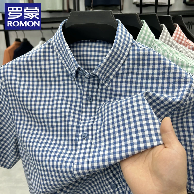 罗蒙夏季衬衫短袖莱赛尔棉半袖男士时尚格子休闲百搭衬衣棉半袖