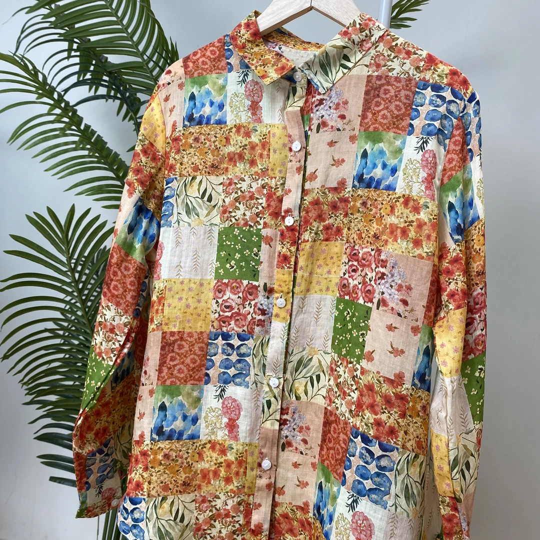 【翻领宫格小碎花印花苎麻衬衫】2684