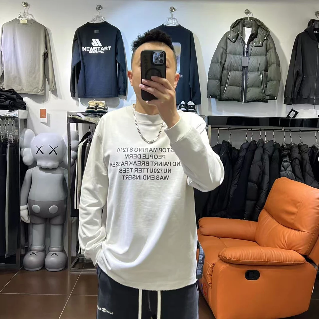 2502男士复古做旧纯棉长袖T恤百搭宽松日系潮流印花秋冬圆领上衣