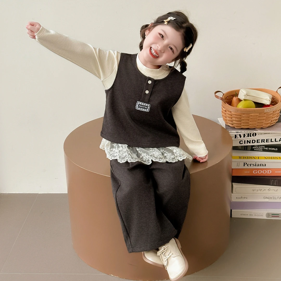 女童秋装花边马甲三件套洋气儿童秋季2025韩版小香风校园套装童装