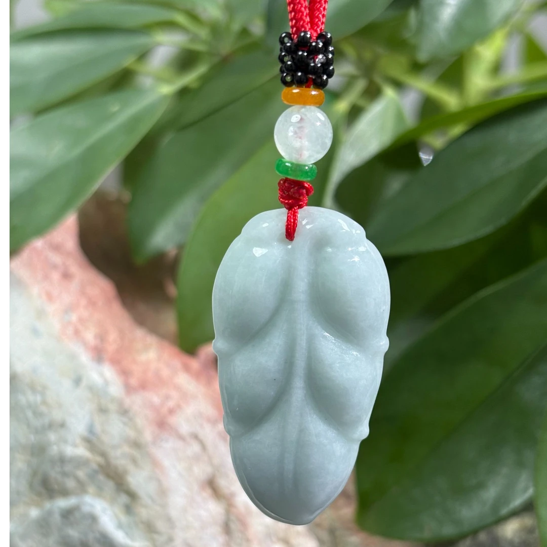 天然缅甸翡翠A货冰润飘绿叶子吊坠玉石挂件6093