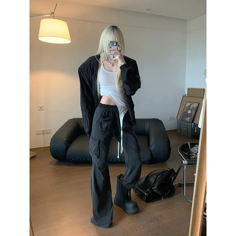 Rase le sol ‘Call of Duty’美式复古水洗黑色工装裤直筒微喇裤